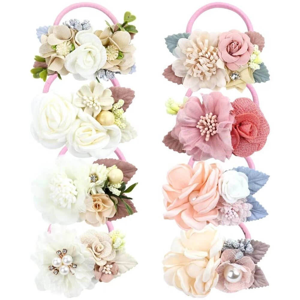 8 Pack Floral Pearl Hair Ties Rubber Bands Kids Teens Girls Accessories
